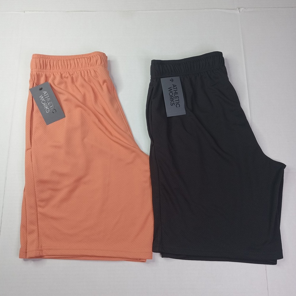 2 Athletic Works Men's Core Knit Shorts Size M (32-34) Blk Orange 9" Inseam NWT
